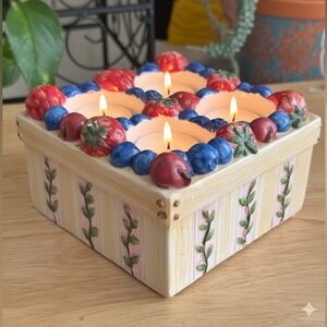 Yankee Candle Ceramic Strawberry Berries Basket 4 Tea Light Candle Holder Decor